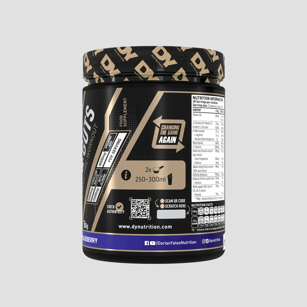 Blood & Guts Pre-workout, DY Nutrition, 380g | Blend cu citrulina, beta-alanina, arginina si cofeina