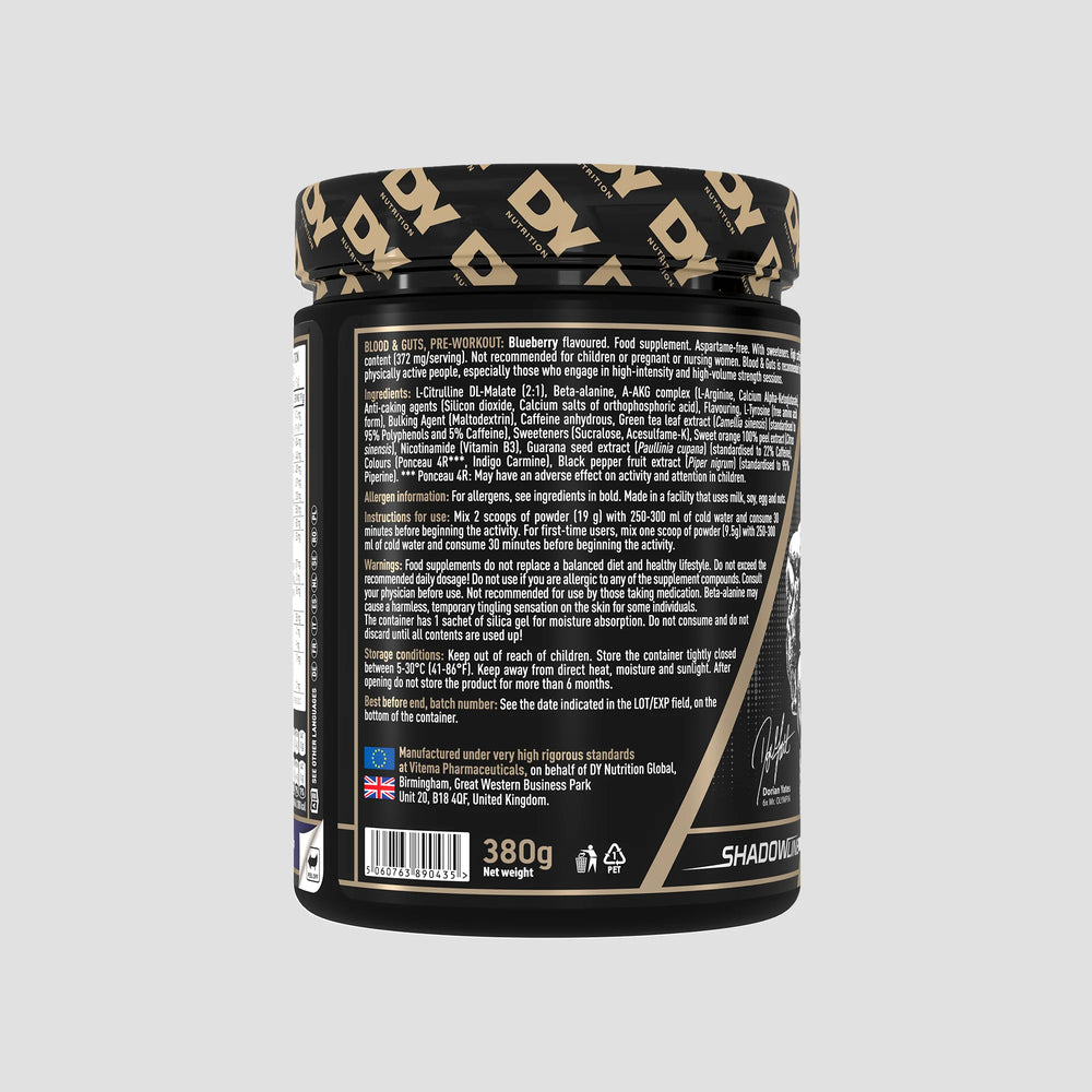 Blood & Guts Pre-workout, DY Nutrition, 380g | Blend cu citrulina, beta-alanina, arginina si cofeina