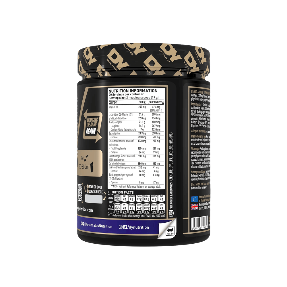 Pre-workout Blood & Guts, DY Nutrition, 380g | Blend cu citrulina, beta-alanina, arginina si cofeina
