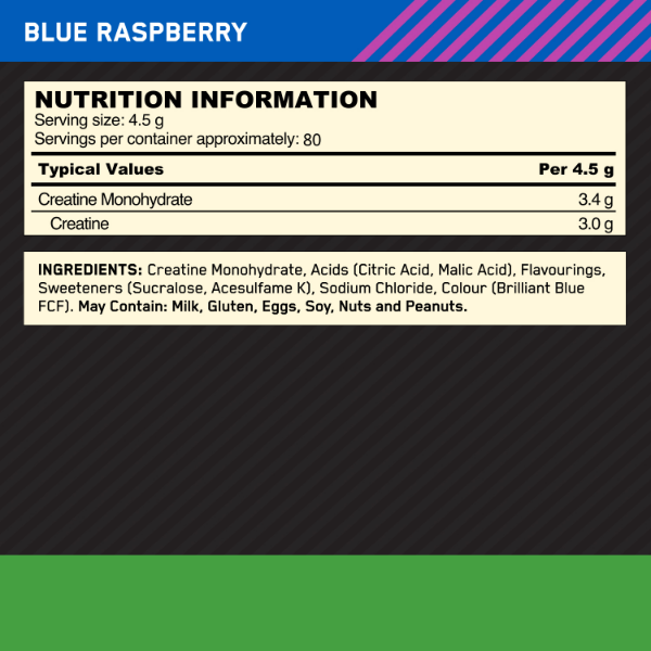Micronised Creatine Powder, Optimum Nutrition, 360g | Creatina monohidrata Blue Raspberry