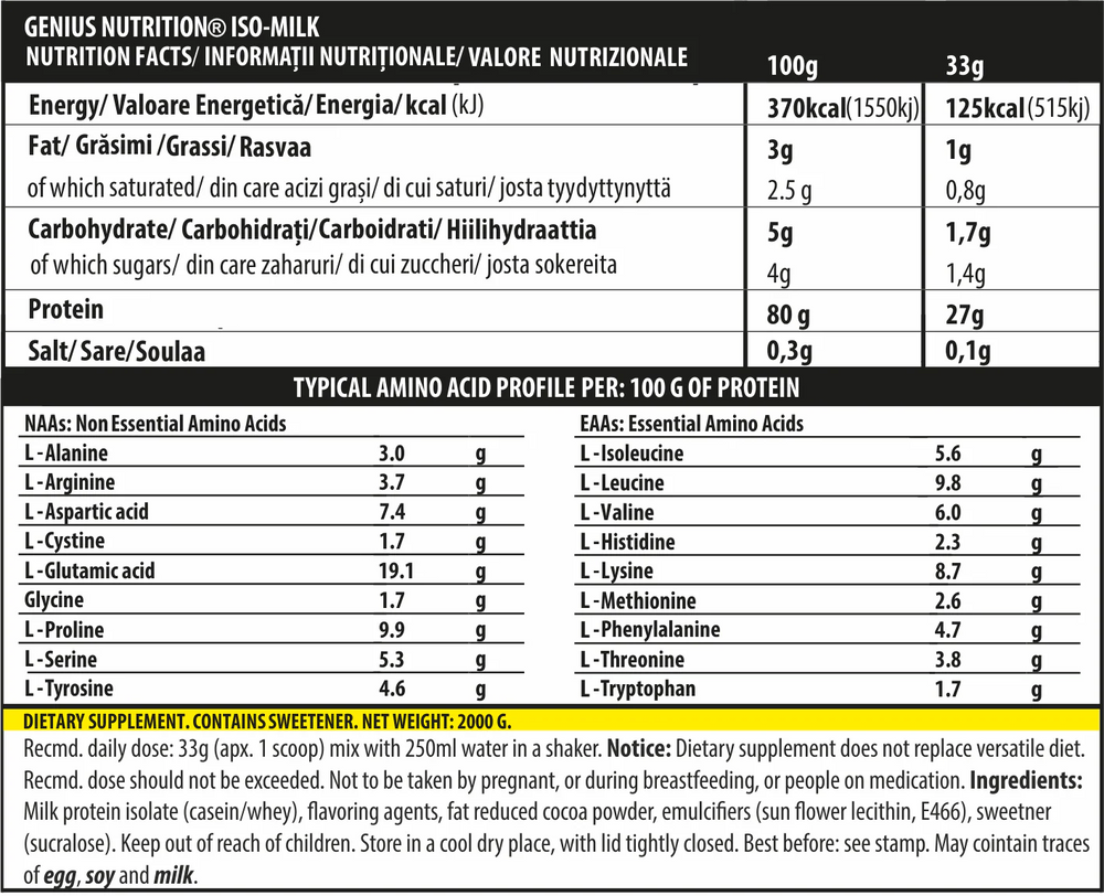ISO-MILK 2000g/61 serviri, Genius Nutrition, pudra, 100% izolat proteic din lapte